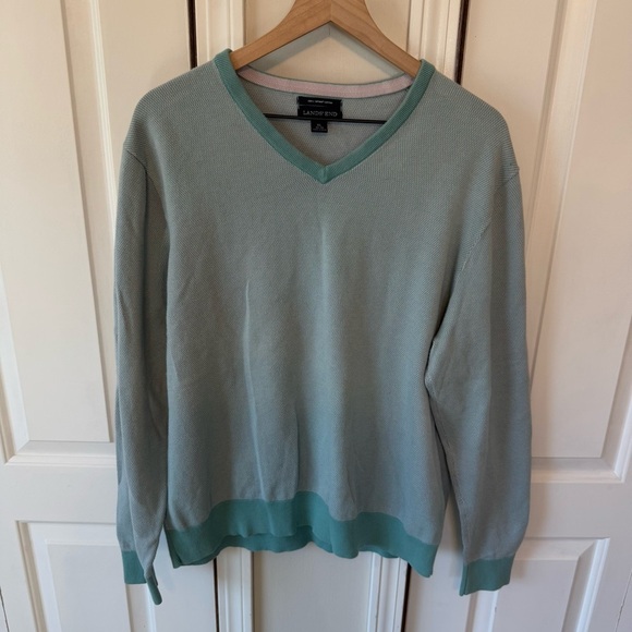Lands’ End Men’s Green & White V Neck Long Sleeve Sweater 100% Cotton Size XL - Picture 1 of 12